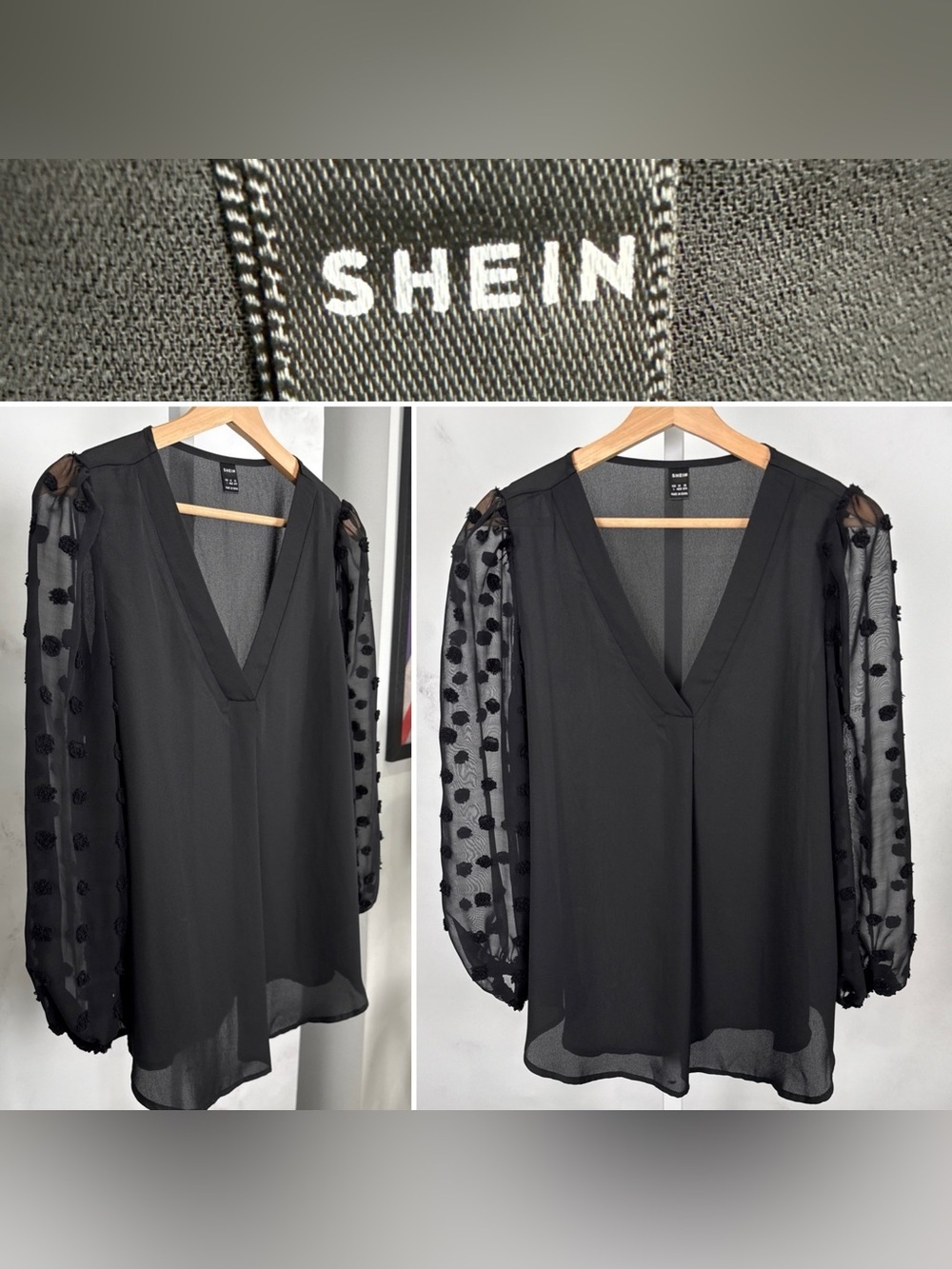 SHEIN Women’s Swiss Dot Black Longsleeve V Neck Blouse Size L